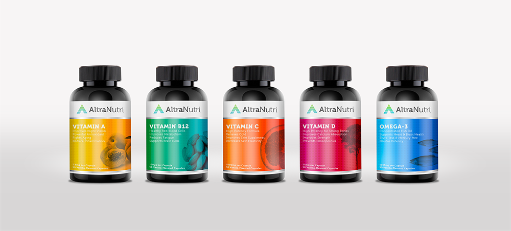 Five AltraNutri supplement bottles designed by Sandra Tay are lined up, labeled Vitamin A, Vitamin B12, Vitamin C, Vitamin D, and Omega-3, each with a colorful background and black caps on a white surface.