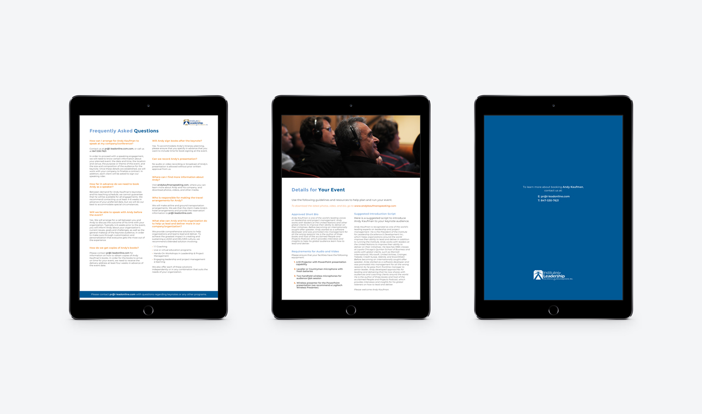 Three tablet screens display different documents designed by Sandra Tay: the first shows a FAQ page with blue and orange text, the second features an event details page with a photo of an audience, and the third displays a solid blue page with white text.