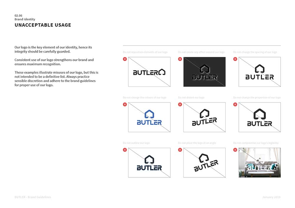 A page of Butler's brand guide designed by Sandra Tay.