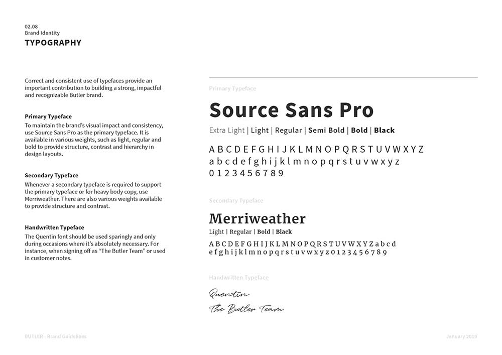 A page of Butler's brand guide designed by Sandra Tay.