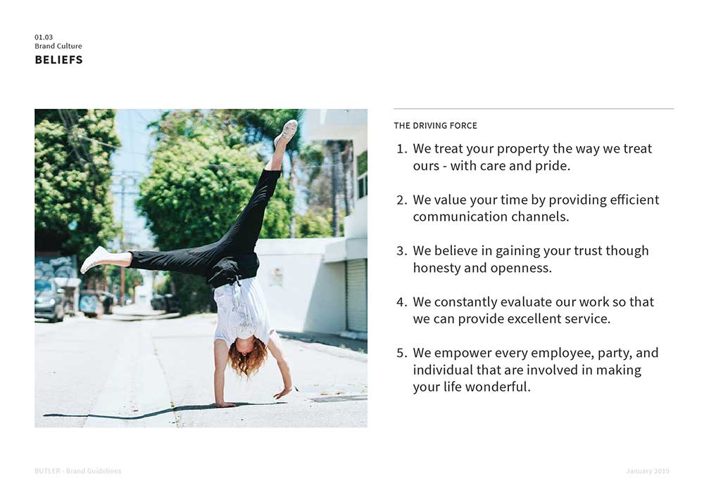 A page of Butler's brand guide designed by Sandra Tay.