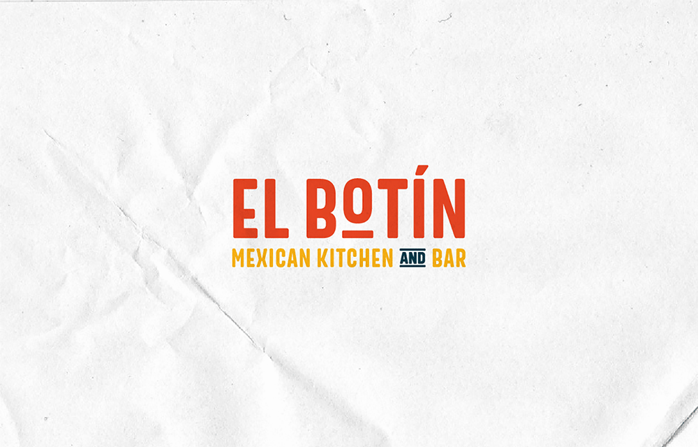 Logo on crumpled white paper reads: “EL BOTÍN” in bold red-orange, with “MEXICAN KITCHEN AND BAR” in yellow below, except “AND” highlighted in white on a blue box.