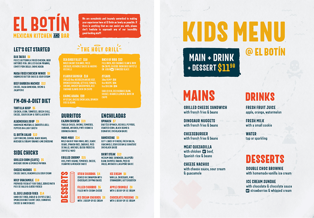 Two-page restaurant menu for El Botín designed by Sandra Tay. The left page lists main dishes, starters, tacos, burgers, enchiladas, and sides. The right page is the kids’ menu.