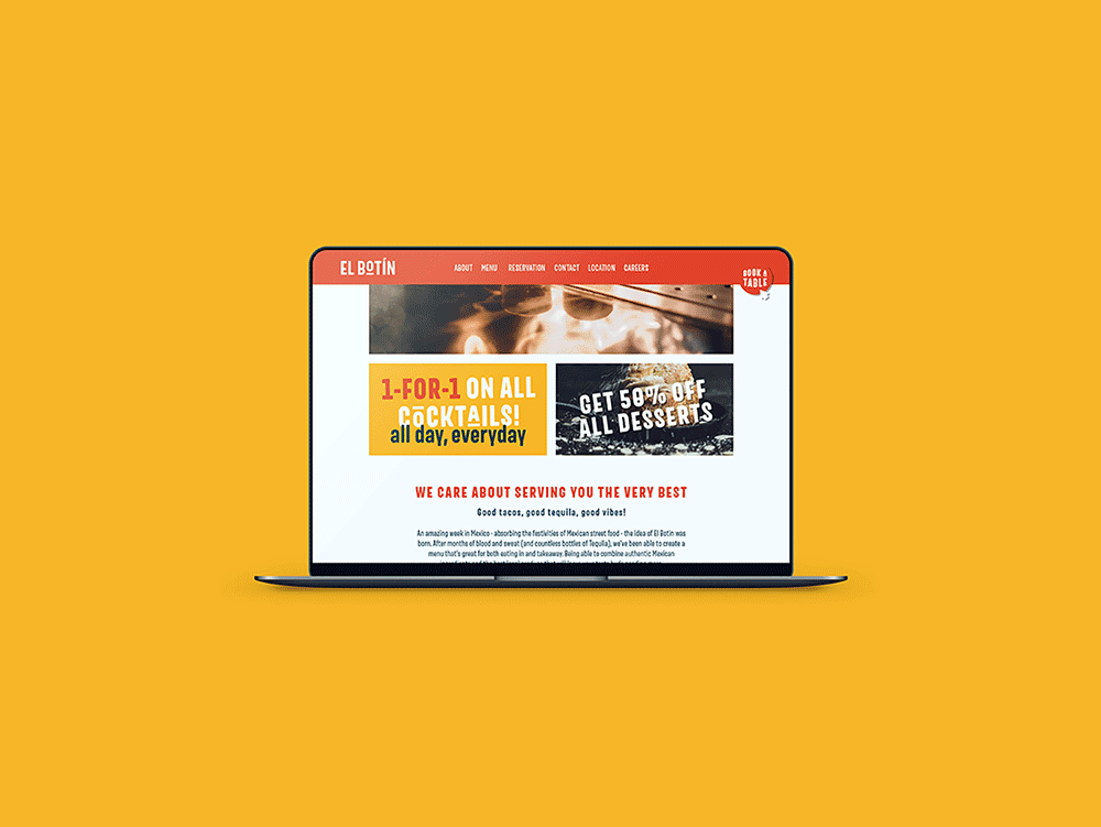 A laptop displays a restaurant website designed by Sandra Tay with promotions for 1-for-1 on all cocktails and Get 50% off all desserts against a bright yellow background.