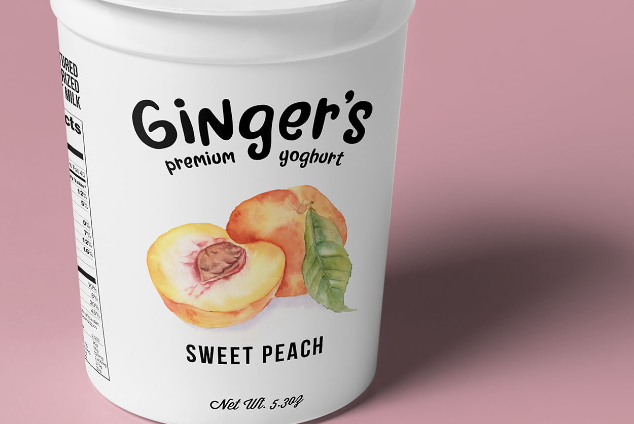 A white yoghurt container labeled Ginger’s premium yoghurt designed by Sandra Tay with an illustration of peaches and leaves, the flavor Sweet Peach, and a nutrition label on a pink background.