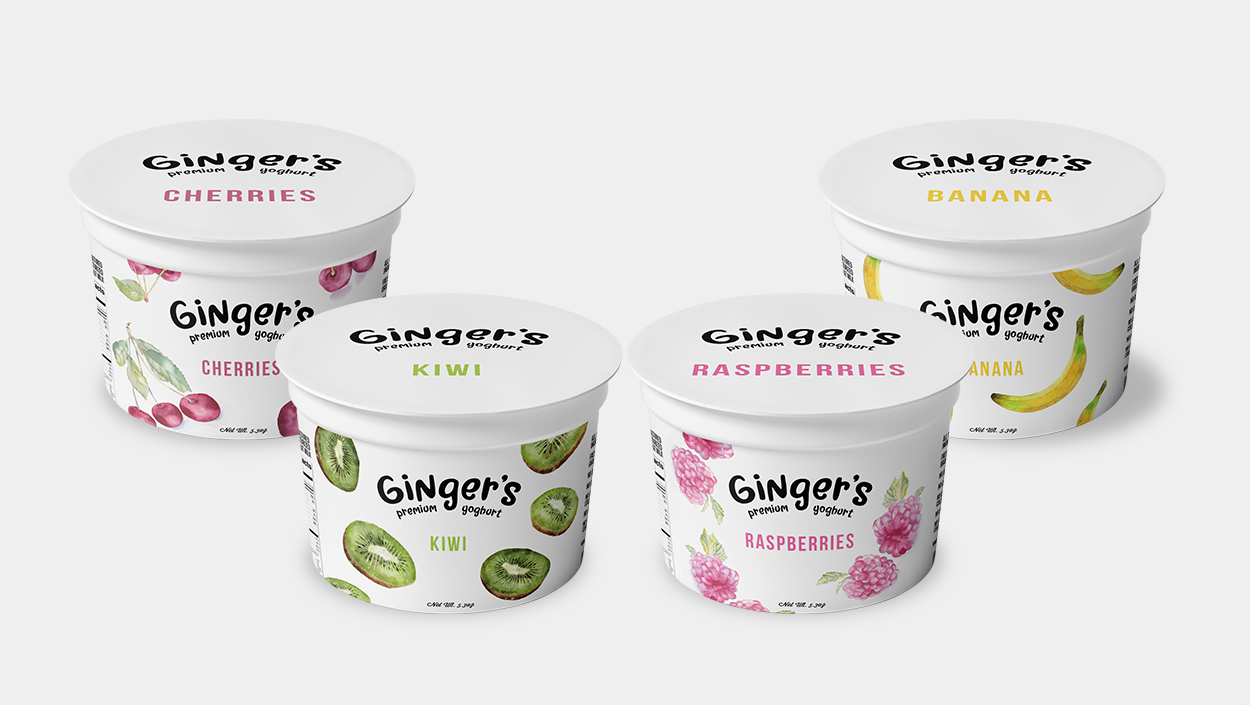 Four tubs of Ginger’s premium yogurt in cherry, kiwi, raspberry, and banana flavors designed by Sandra Tay, each with colorful fruit illustrations on white packaging. The tubs are arranged in a group on a white background.