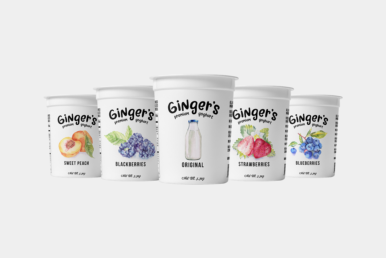 Five containers of Ginger’s Premium Yogurt designed by Sandra Tay are displayed, featuring flavors: Sweet Peach, Blackberries, Original, Strawberries, and Blueberries. Each container shows a fruit illustration and a white background.