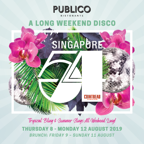 Event poster for A Long Weekend Disco at Publico Ristorante, featuring disco balls, tropical leaves, and pink orchids, with event details for August 8–12, 2019 and a Cointreau logo.