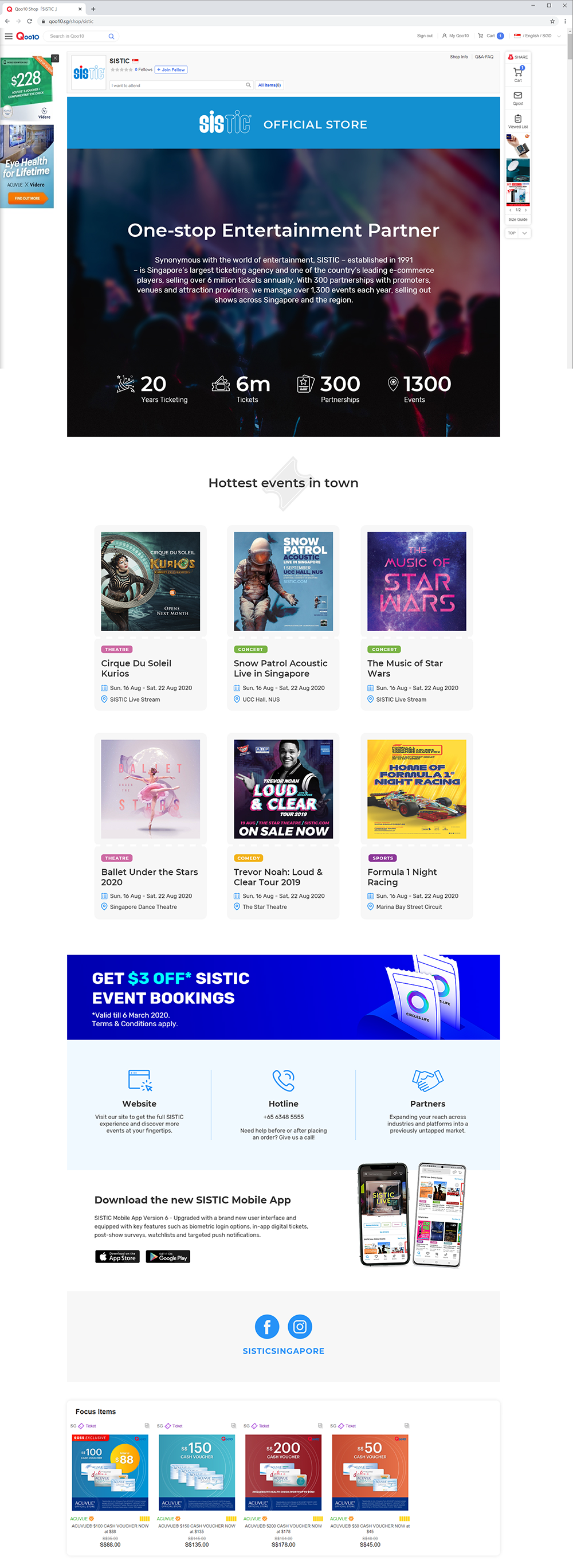 Screenshot of the SISTIC online ticketing website featuring event stats, banners for various upcoming events, promo for $3 off mobile bookings, a mobile app download section, and social media links at the bottom.