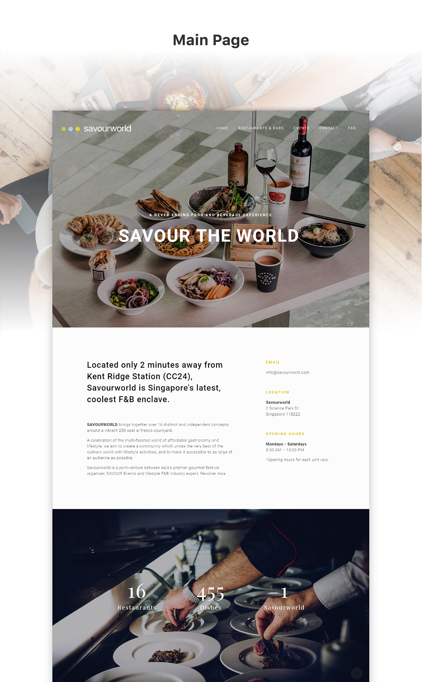 Website page for Savourworld designed by Sandra Tay, featuring a dining table with assorted dishes and wine. Text highlights location, contact details, and unique offerings. Bottom section displays stats and a chef preparing food.
