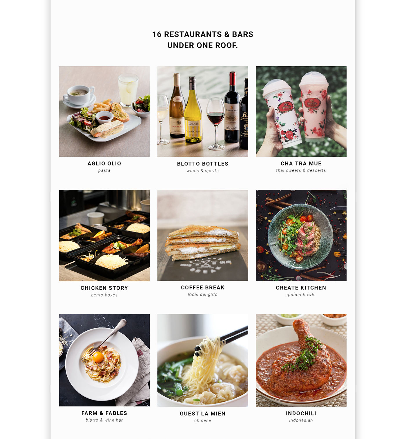 A grid of food and drink photos showcases offerings from 16 restaurants and bars, including pasta, wine, bubble tea, bento boxes, cake, rice bowls, steak, ramen, and Indonesian curry, all under one roof.