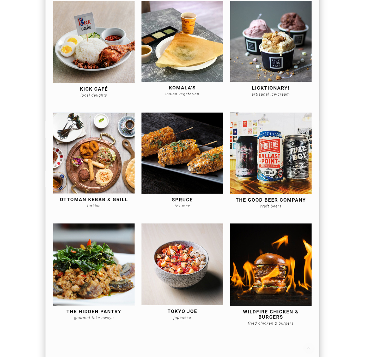 A grid of nine photos featuring different restaurant dishes: café drinks, dosa, ice cream, kebab platter, grilled corn, bottled beers, a flaming dish, rice bowl, and fried chicken with sauces, each labeled with the restaurant name.