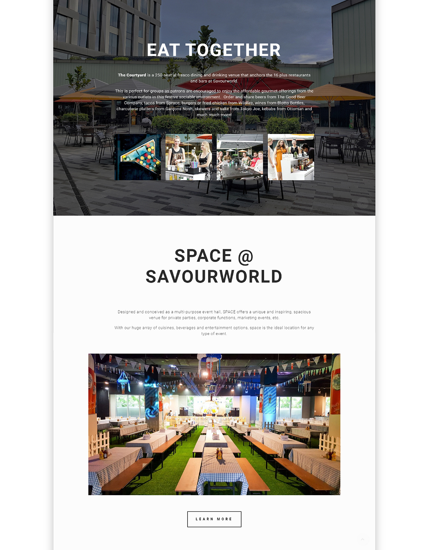 Webpage designed by Sandra Tay showing outdoor dining area with tables and umbrellas under a modern building, followed by an indoor event space with long tables, benches, and festive decorations. Various activities and food images are displayed in the middle section.
