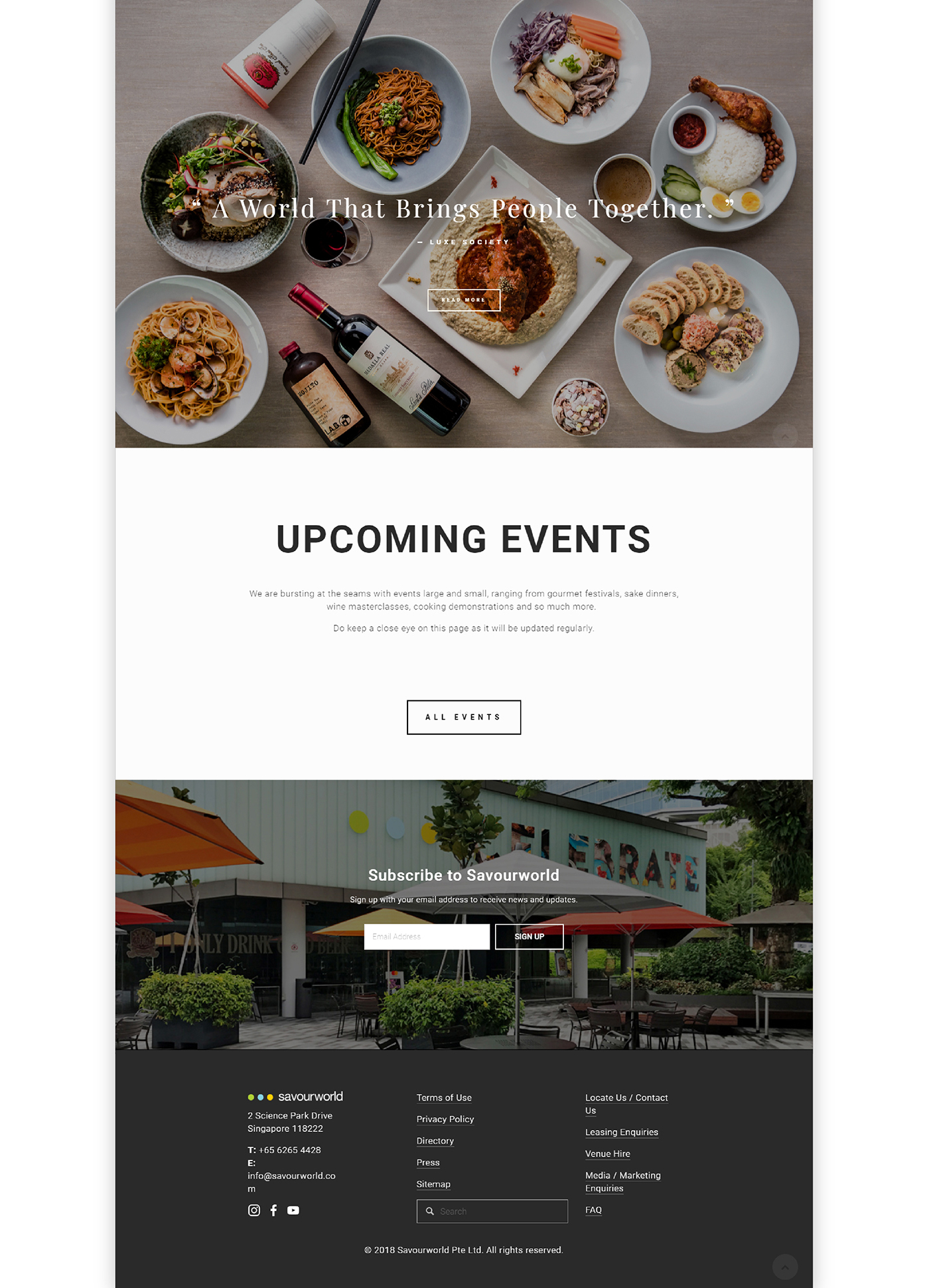 A website page designed by Sandra Tay displays a food spread with dishes and drinks, the text “A World That Brings People Together,” an “Upcoming Events” section, an “All Events” button, and a restaurant exterior above a dark footer.