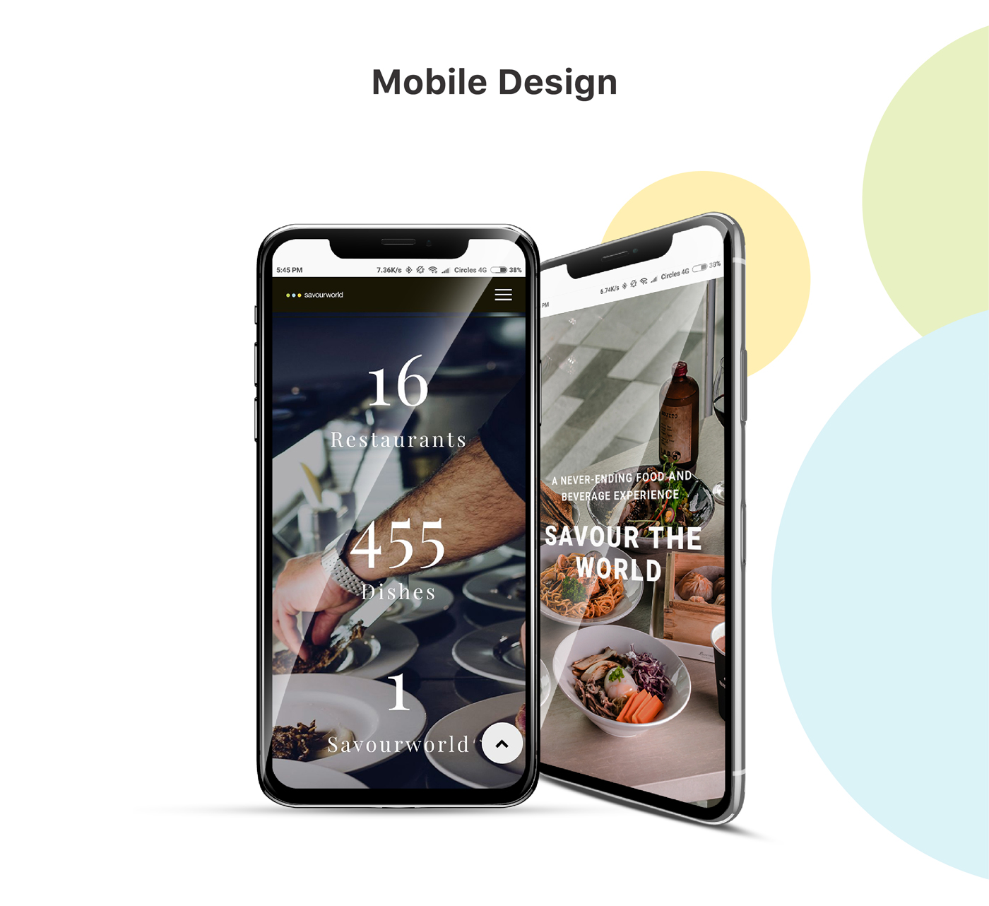 Two smartphones display a modern restaurant app interface designed by Sandra Tay, featuring dish statistics on one screen and a food photo with the text Savour the World on the other. Abstract colorful shapes are in the background.
