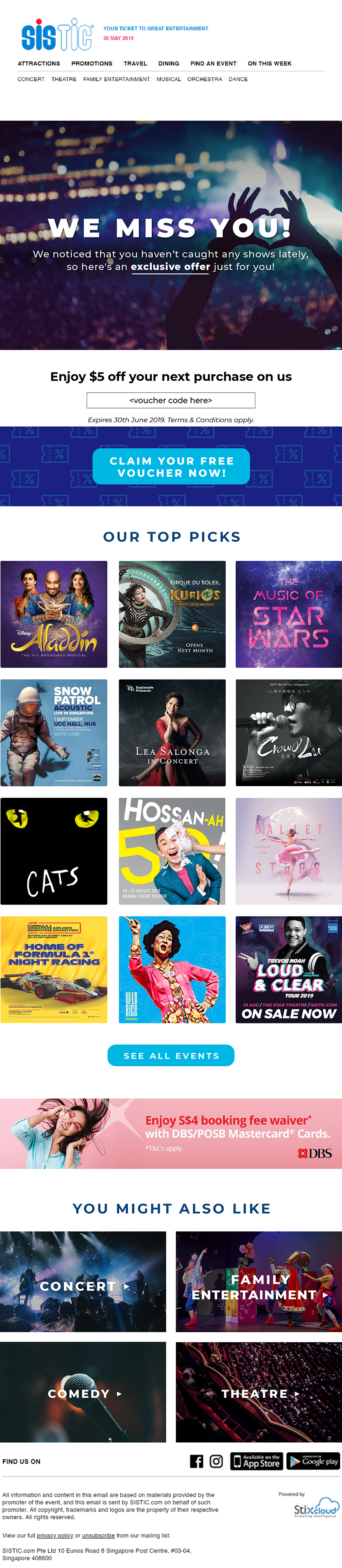 Email promotion from SISTIC designed by Sandra Tay. Bright, colorful layout with event images.