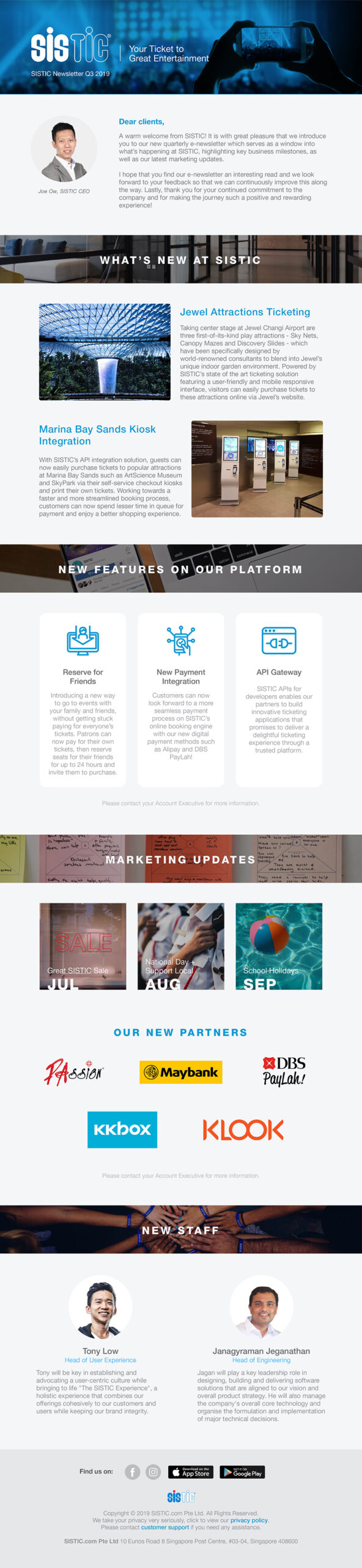 A newsletter from SISTIC features business updates, new platforms, marketing updates, new partners, and staff introductions. Includes photos of kiosks, staff headshots, and logos of partners like Maybank, DBS PayLah!, KKday, and Klook.