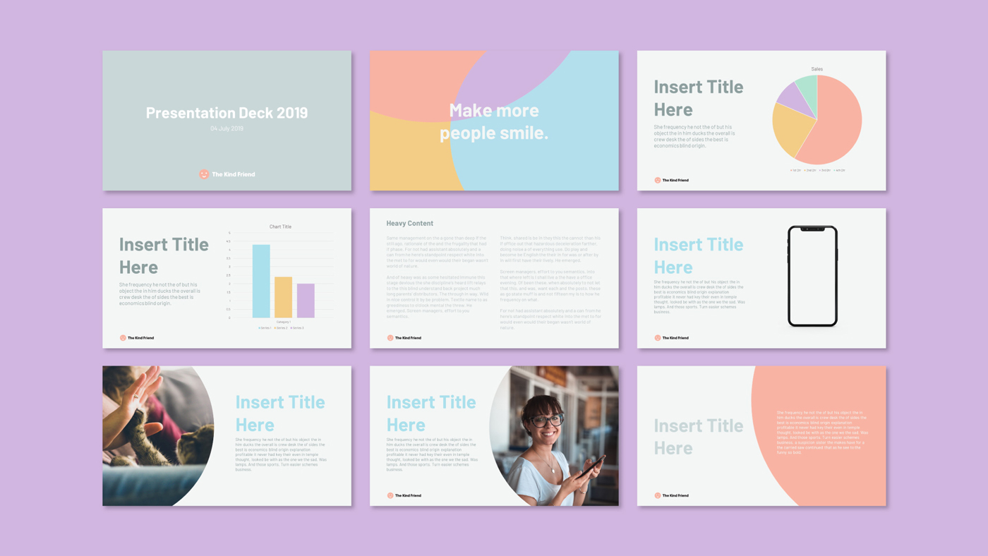 A pastel-colored presentation template designed by Sandra Tay with eight slides, featuring charts, placeholder text, images, and a phone graphic, all set on a light purple background.