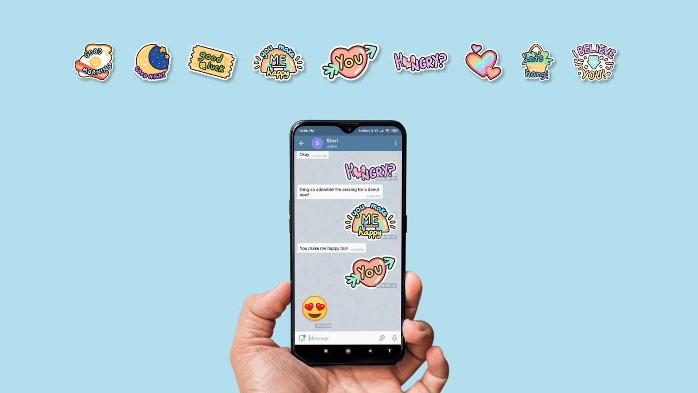 A hand holds a smartphone displaying a chat with colorful sticker messages designed by Sandra Tay. Above the phone are various cheerful stickers with phrases like Good Night, Thank You, and You Make Me Happy on a light blue background.