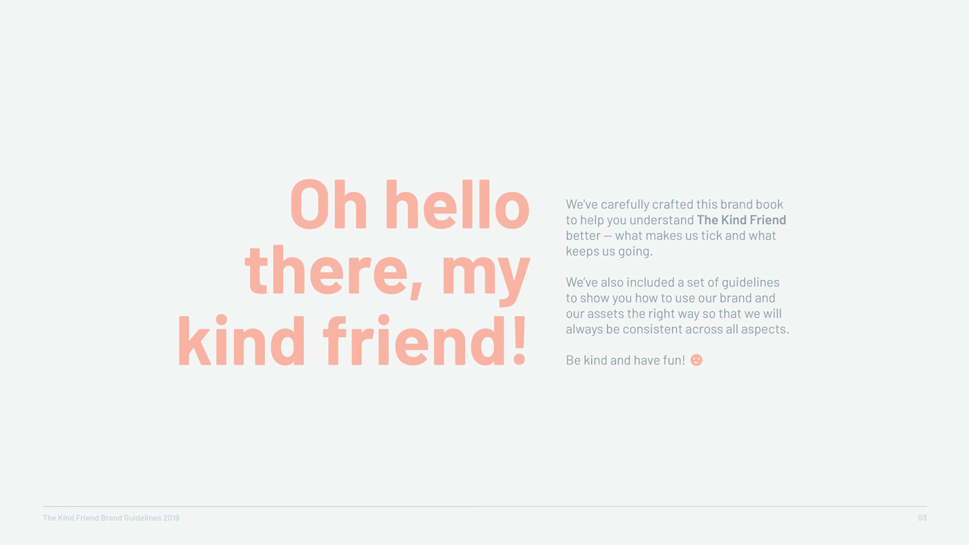 Large peach text reads Oh hello there, my kind friend! with a paragraph on the right explaining the brand book for The Kind Friend and encouraging readers to be kind and have fun, ending with a smiley face emoji.