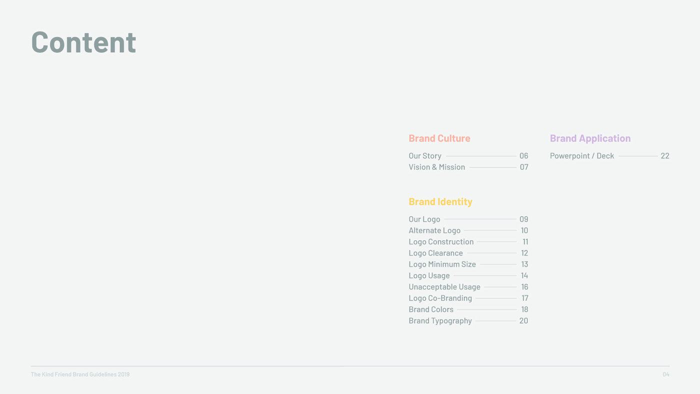A table of contents page with four sections: Brand Culture, Brand Application, Brand Identity, and page numbers. The layout uses light colors with headings in orange, yellow, and purple.