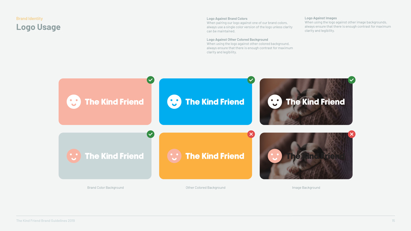 A logo guide showing correct and incorrect logo usage for The Kind Friend designed by Sandra Tay. Six examples display the logo on different backgrounds, with green check marks for approved usage and red X marks for incorrect usage.