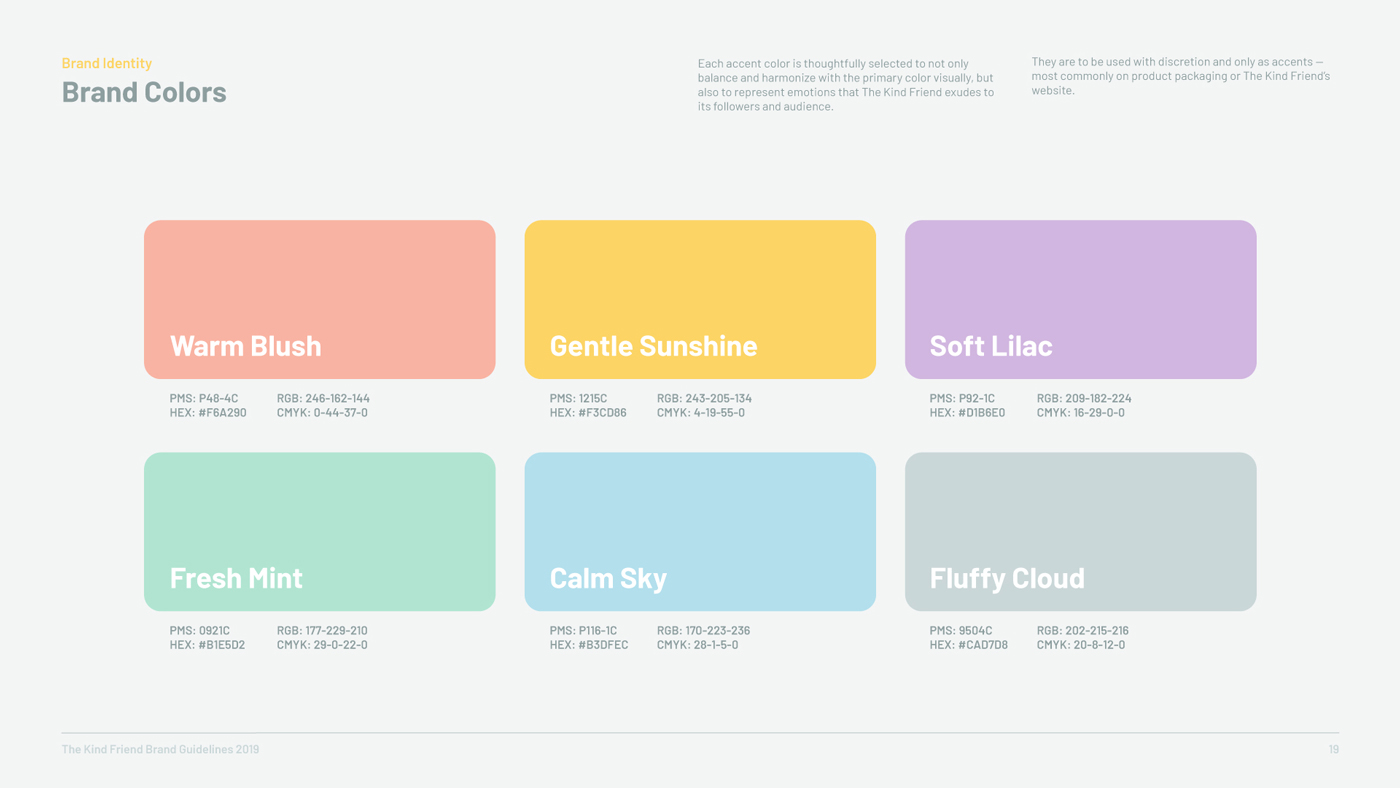 A brand color palette designed by Sandra Tay with six labeled color swatches: Warm Blush (peach), Gentle Sunshine (yellow), Soft Lilac (lavender), Fresh Mint (mint green), Calm Sky (light blue), and Fluffy Cloud (light grey).