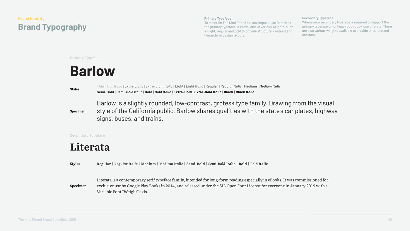 A branding guideline page designed by Sandra Tay displaying details for two typefaces: Barlow, a rounded sans-serif, and Literata, a serif font. The page lists available styles, describes each typeface, and notes their intended design use.