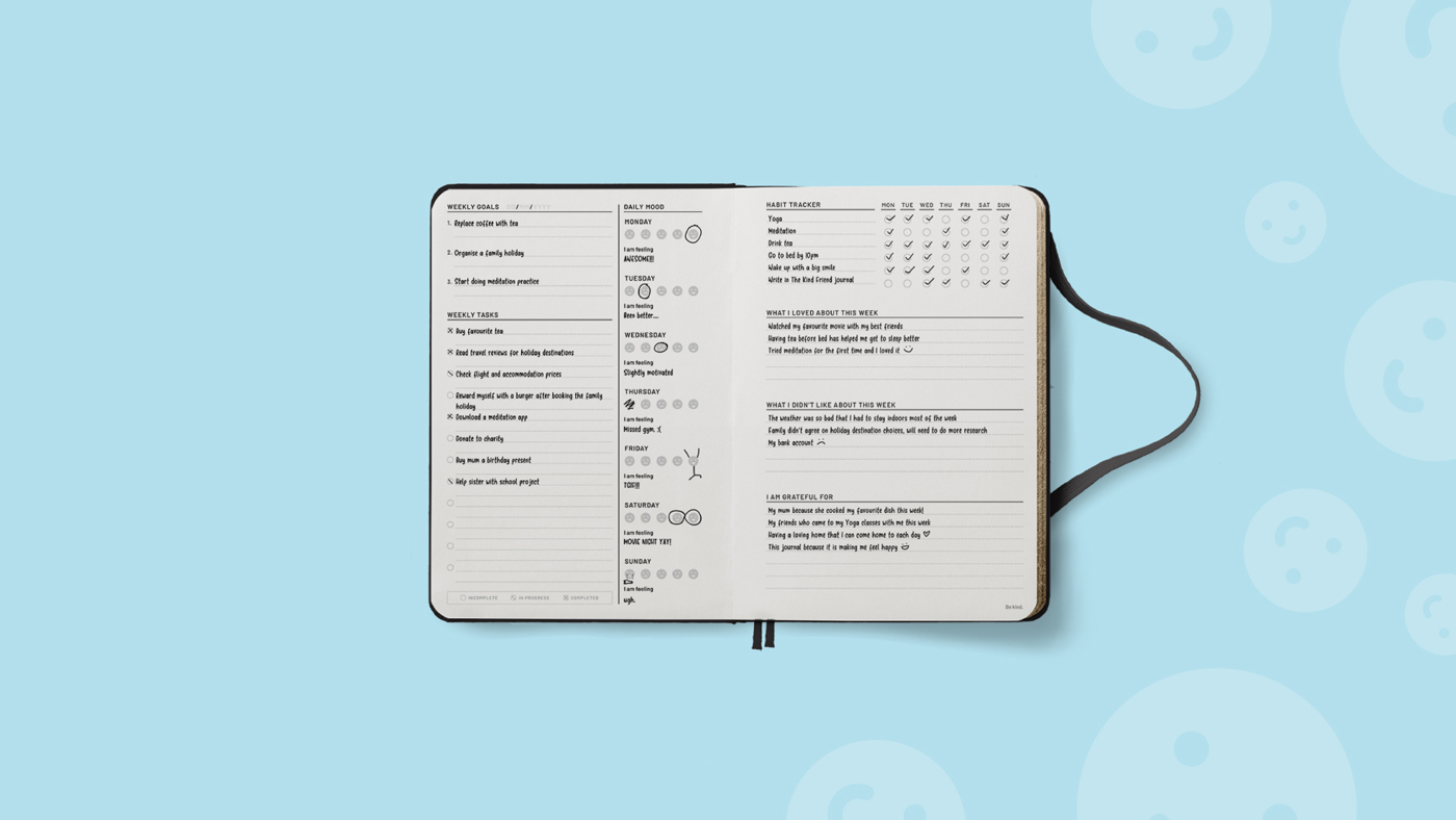 An open planner on a light blue background, displaying pages filled with structured sections for daily reflection, habits, tasks, mood tracking, and notes. The layout is organized with checkboxes and bullet points.