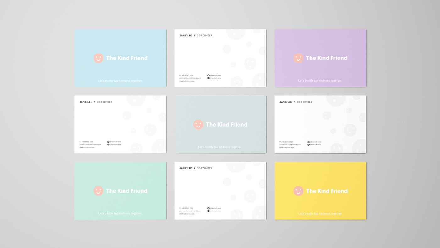 Nine business cards for The Kind Friend designed by Sandra Tay are arranged in a grid. The cards are in pastel colors: blue, lavender, mint, yellow, and white, each with a smiley face logo and contact information.