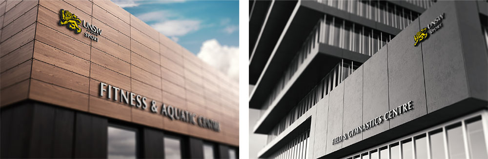 Side-by-side photos of modern building exteriors with “UNSW Sport” lion logos; the left reads “Fitness & Aquatic Centre,” the right reads “Health & Aquatic Centre.” Both have sleek, angular architectural designs.