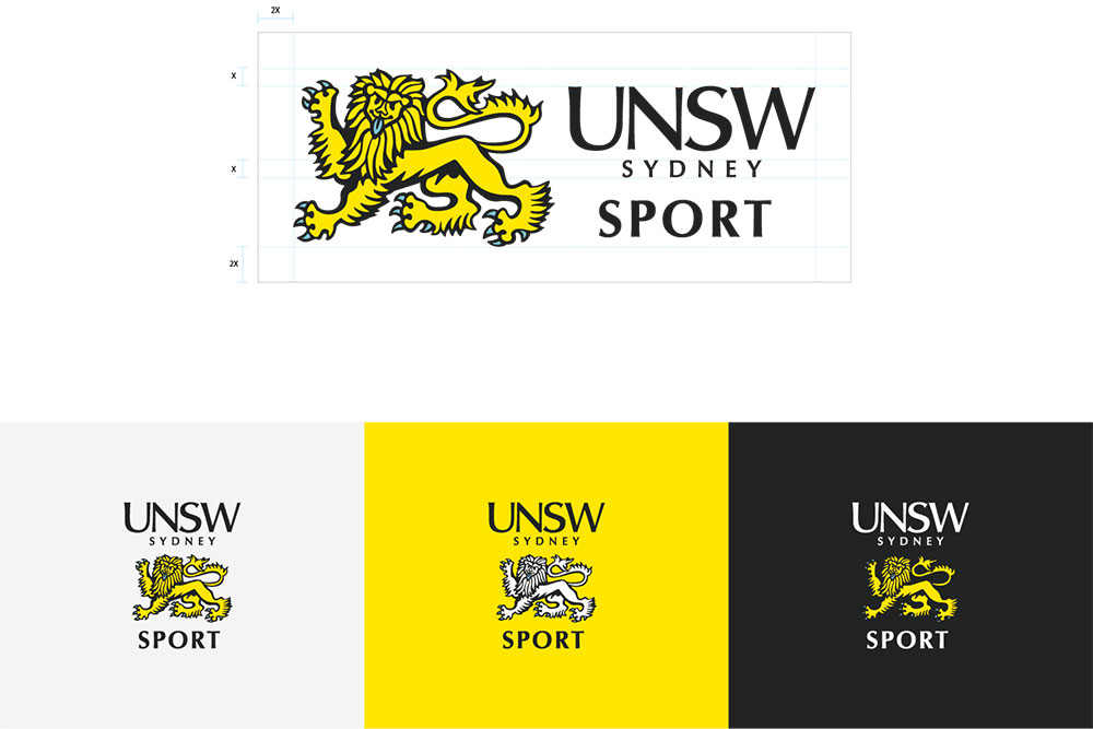 UNSW Sydney Sport logo designed by Sandra Tay featuring a yellow lion and black text, shown on white, yellow, and black backgrounds, illustrating different color variations.