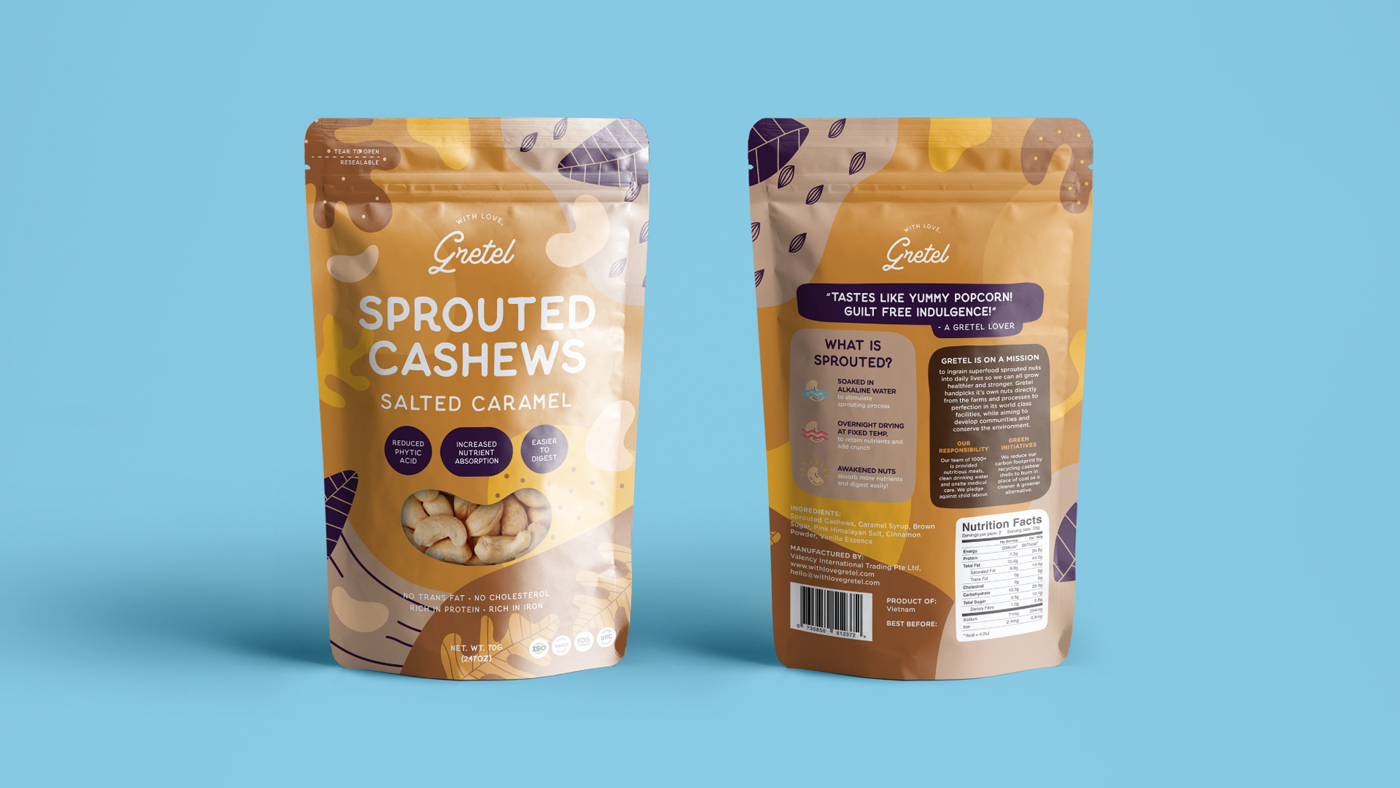 Two resealable packages of With Love, Gretel Sprouted Cashews Salted Caramel flavor are shown on a blue background, one displaying the front with product and branding, and the other showing the back with ingredients and nutrition facts, designed by Sandra Tay.