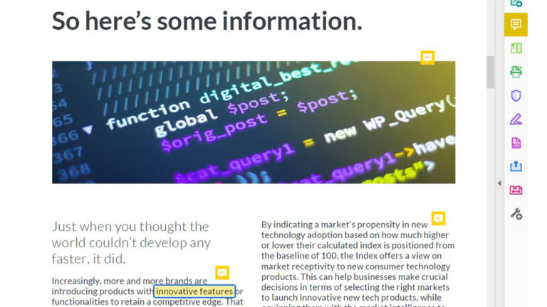 Screenshot of a document showing code on a computer screen with highlighted PHP text, and a section of text below where innovative features is highlighted. Various annotation icons are visible on the right side.