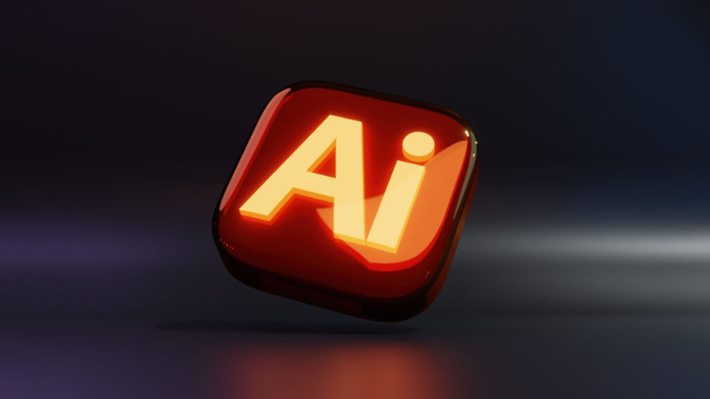 A glossy, 3D red icon with glowing yellow-orange Ai letters, representing Adobe Illustrator, is centered on a dark, blurred background.