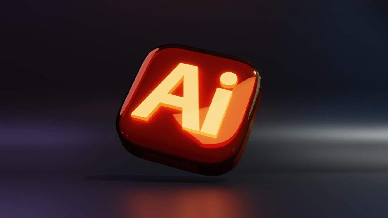 A glossy, 3D red icon with glowing yellow-orange Ai letters, representing Adobe Illustrator, is centered on a dark, blurred background.