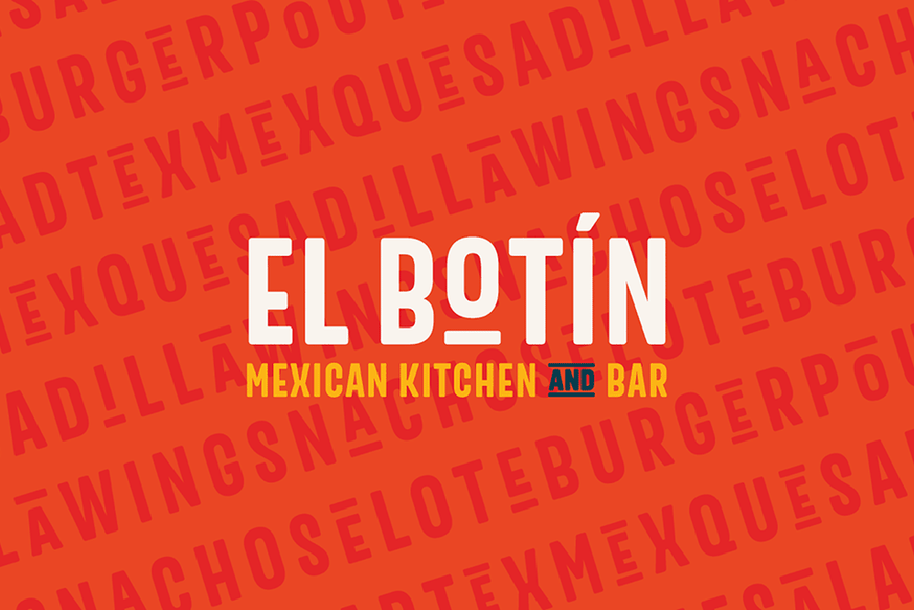 Text logo reading EL BOTÍN MEXICAN KITCHEN AND BAR in bold white and yellow letters on an orange background with faint, angled food-related words behind it.
