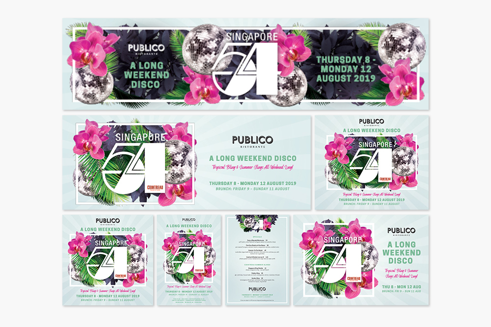 Event promotional graphics by Sandra Tay for Singapore 54: A Long Weekend Disco at Publico, featuring disco balls, tropical flowers, and festive event details in retro pink, green, and white tones.