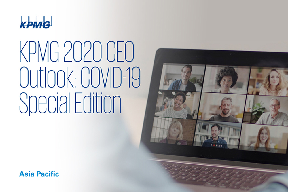 A laptop displays a video conference with nine diverse participants. The screen shows the text: KPMG 2020 CEO Outlook: COVID-19 Special Edition, Asia Pacific, with the KPMG logo—ideal inspiration for a Freelance Graphic Designer Singapore.